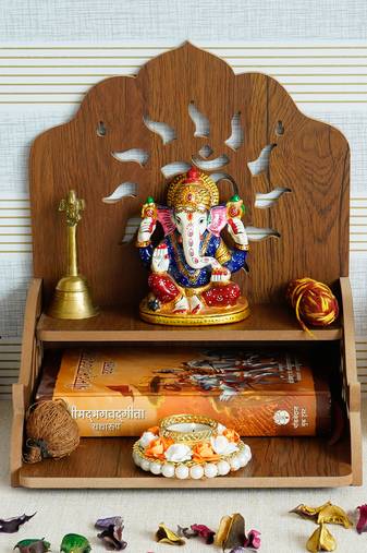 One om design with shelf laminated wood pooja temple/mandir