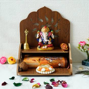 One om design with shelf laminated wood pooja temple/mandir 2