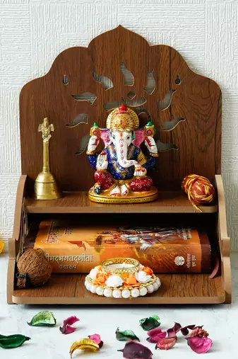 One om design with shelf laminated wood pooja temple/mandir