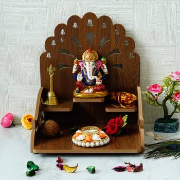 One om with bells design and 3 shelfs laminated wood pooja temple/mandir 1