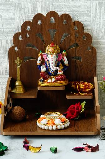 One om with bells design and 3 shelfs laminated wood pooja temple/mandir