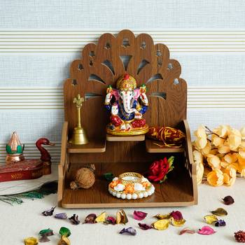 One om with bells design and 3 shelfs laminated wood pooja temple/mandir 2