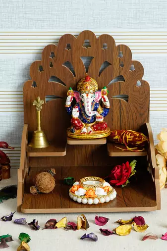 One om with bells design and 3 shelfs laminated wood pooja temple/mandir