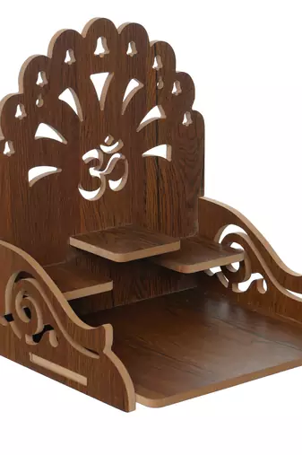 One om with bells design and 3 shelfs laminated wood pooja temple/mandir