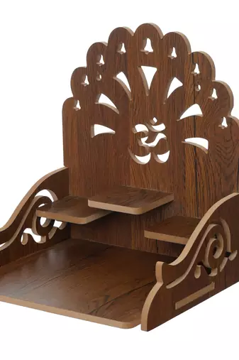 One om with bells design and 3 shelfs laminated wood pooja temple/mandir