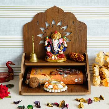 One swastik design with shelf laminated wood pooja temple/mandir 1