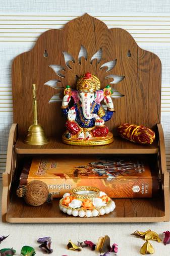 One swastik design with shelf laminated wood pooja temple/mandir
