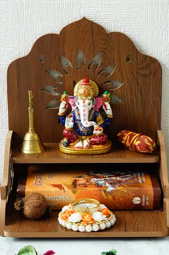 One swastik design with shelf laminated wood pooja temple/mandir