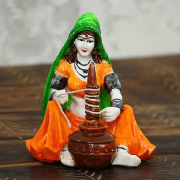 One rajasthani lady using makhan handi handcrafted decorative polyresin showpiece 2