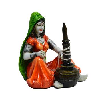 One rajasthani lady using makhan handi handcrafted decorative polyresin showpiece 3
