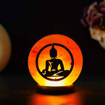 One meditating lord buddha decorative himalayan salt lamp with wooden base 1