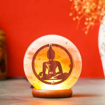 One meditating lord buddha decorative himalayan salt lamp with wooden base 2