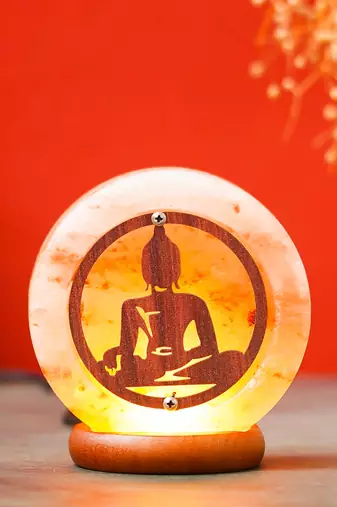 One meditating lord buddha decorative himalayan salt lamp with wooden base