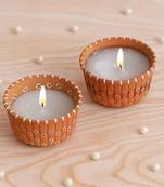One brown hand painted terracotta soy wax mini scented candles (set of 2)