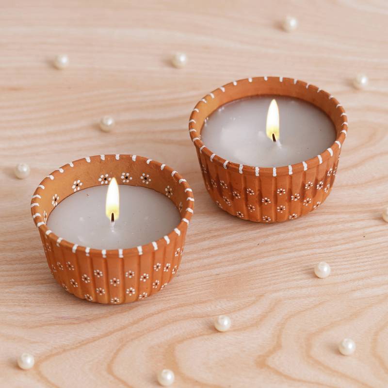 One brown hand painted terracotta soy wax mini scented candles (set of 2)