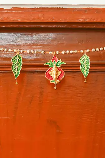 One lord ganesha, mango leaf & golden beads hanging handmade toran for door