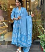 Blue Cotton Floral Printed V-Neck Kurti Pant Dupatta Indian Salwar Kameez Dress