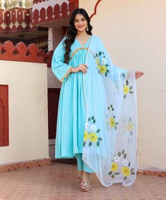 Sky blue hand painted anarkali set 1