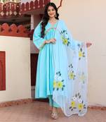 Sky blue hand painted anarkali set