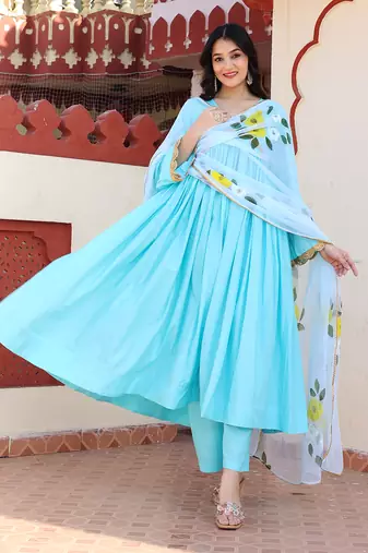 Sky blue hand painted anarkali set
