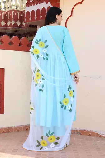 Sky blue hand painted anarkali set