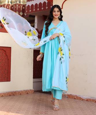 Sky blue hand painted anarkali set 5