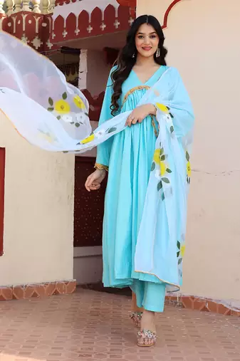 Sky blue hand painted anarkali set