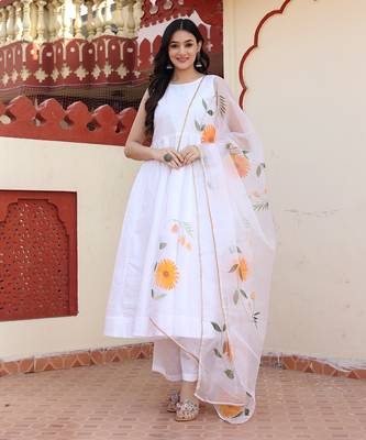 White hand painted anarkali set 1