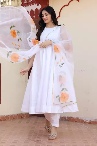 White hand painted anarkali set