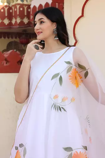 White hand painted anarkali set