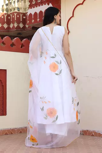 White hand painted anarkali set