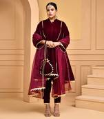 Women's Wine Velvet Kurti Set with Potli Bag
