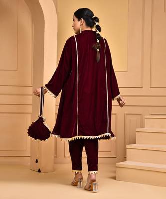 Women's Wine Velvet Kurti Set with Potli Bag 3