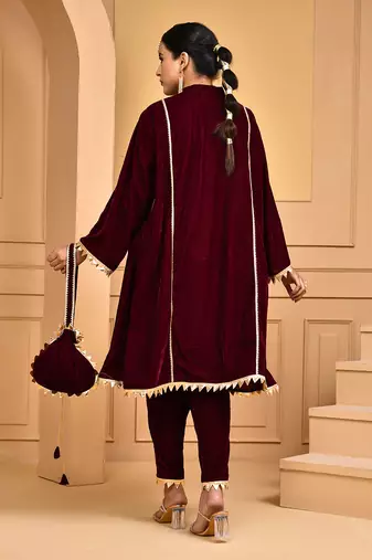 Women's Wine Velvet Kurti Set with Potli Bag