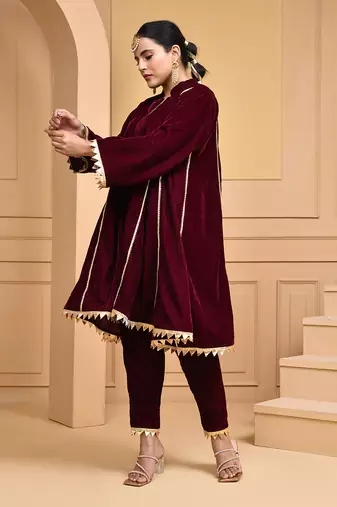 Women's Wine Velvet Kurti Set with Potli Bag