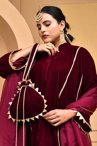 Women's Wine Velvet Kurti Set with Potli Bag