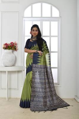 Women's Mehendi Soft Tussar Silk Blend Printed Temple Border Traditional Saree with Blouse 1