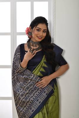 Women's Mehendi Soft Tussar Silk Blend Printed Temple Border Traditional Saree with Blouse 2