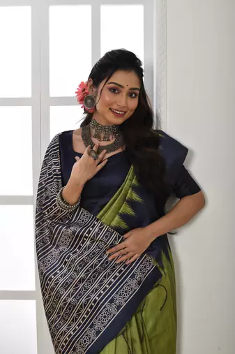 Women's Mehendi Soft Tussar Silk Blend Printed Temple Border Traditional Saree with Blouse