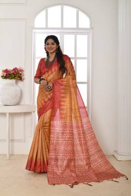 Women's Mustard Soft Tussar Silk Blend Printed Temple Border Traditional Saree with Blouse 1