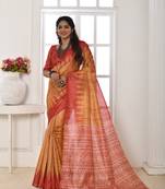 Women's Mustard Soft Tussar Silk Blend Printed Temple Border Traditional Saree with Blouse