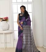Women's Purple Soft Tussar Silk Blend Printed Temple Border Traditional Saree with Blouse