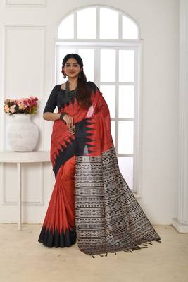 Women's Red Soft Tussar Silk Blend Printed Temple Border Traditional Saree with Blouse 1