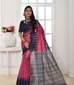 Women's Pink Soft Tussar Silk Blend Printed Temple Border Traditional Saree with Blouse
