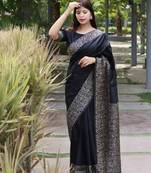 Women's Black Handloom  Silk Blend Printed Border Traditional Saree with Blouse