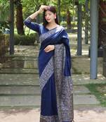 Women's Blue Handloom  Silk Blend Printed Border Traditional Saree with Blouse