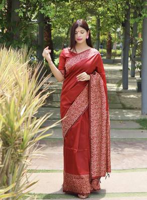 Women's Red Handloom  Silk Blend Printed Border Traditional Saree with Blouse 1