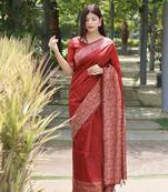 Women's Red Handloom  Silk Blend Printed Border Traditional Saree with Blouse