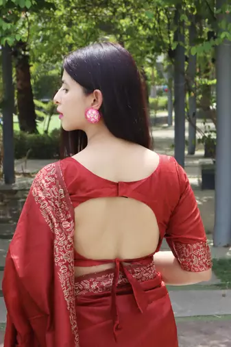 Women's Red Handloom  Silk Blend Printed Border Traditional Saree with Blouse