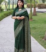 Women's Green Handloom  Silk Blend Printed Border Traditional Saree with Blouse